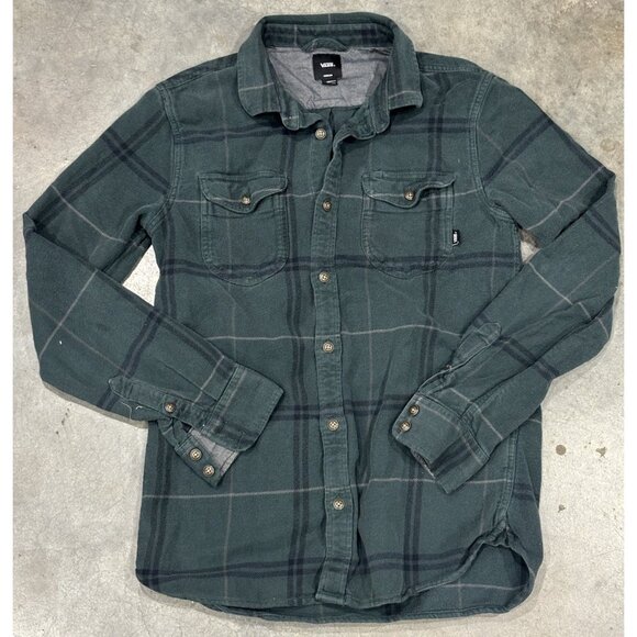 Vintage Plaid Flannel Shirt Vans Size M 90s Tailored Forest Green Blue Plaid - Picture 1 of 3